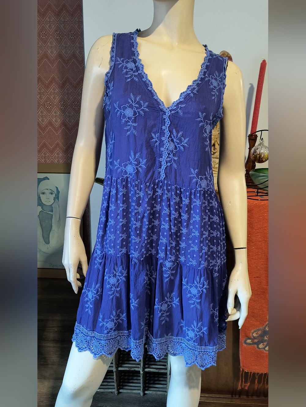 Johnny Was Blue Floral Eyelet Sleeveless Rayon Dress
